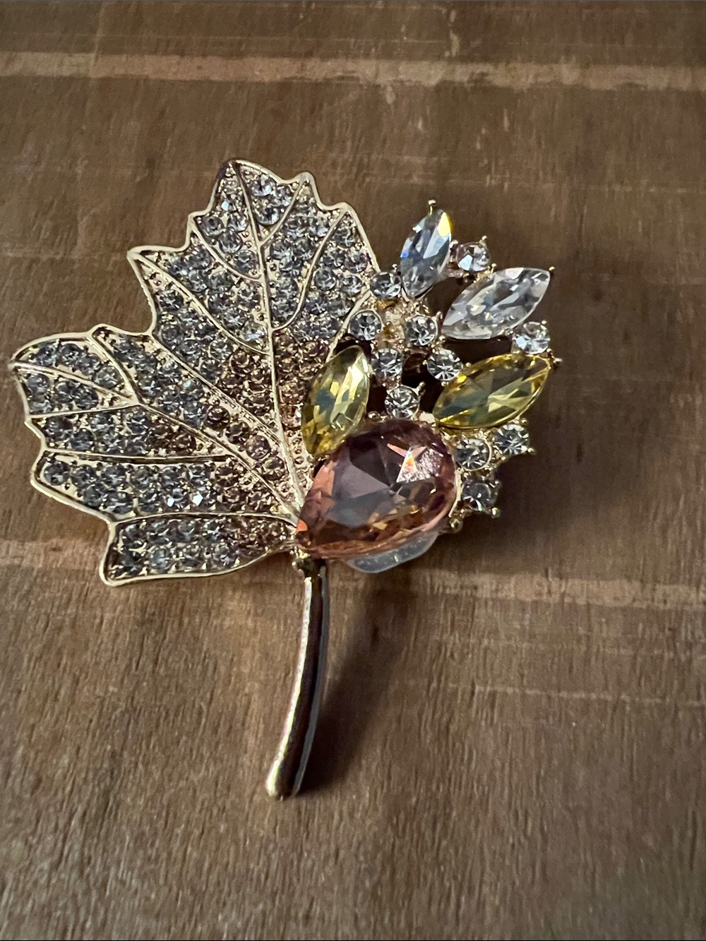 3/$18 Gold-Tone Leaf Brooch with Pink and Yellow Crystal Accents Lot 6076